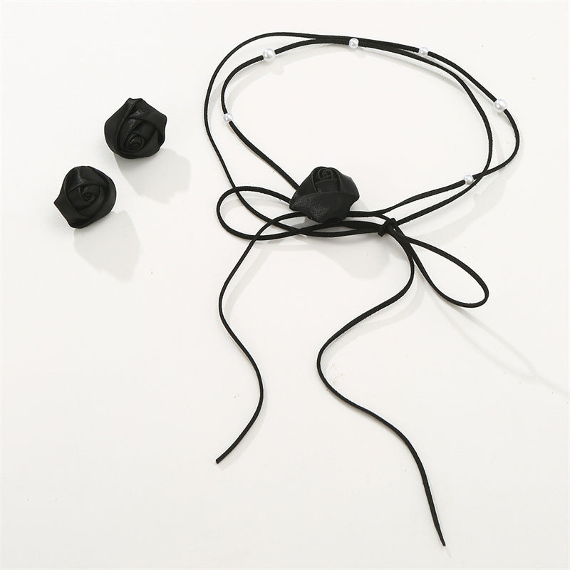Wholesale Denim Camellia Beaded Strap Necklace Earrings Set